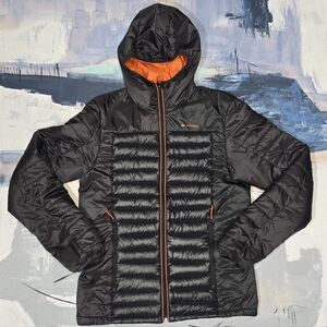 quechua Decathlon Down Puffer Hoodie Jacket Black Orange Men’s Size Med US